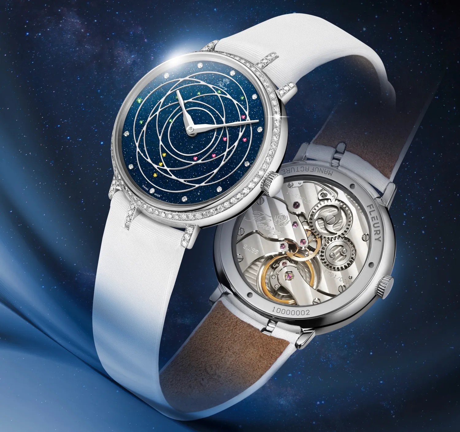 Montre Zen, cadran en aventurine bleue, et son calibre FM01 vu par le fond