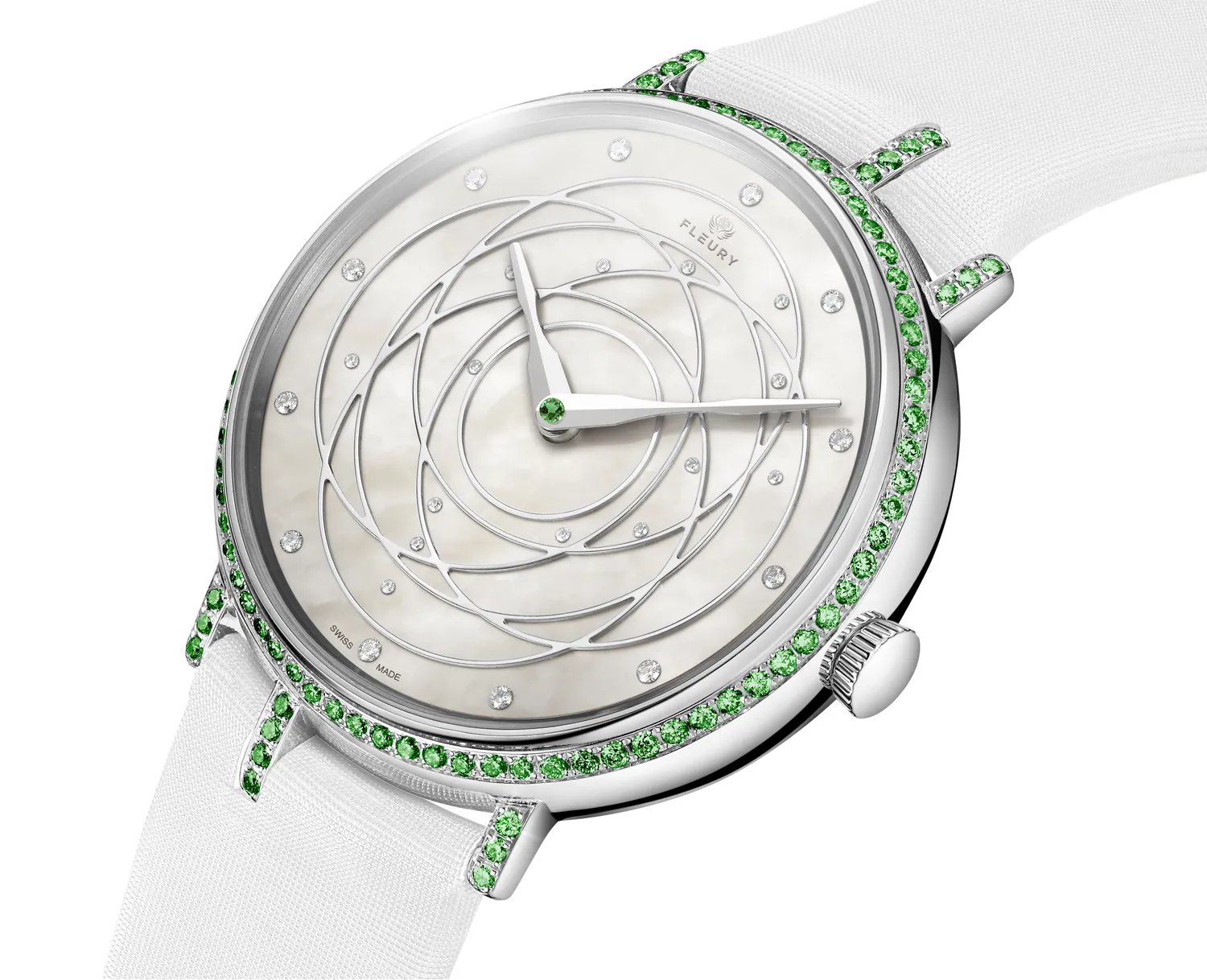 Montre Zen, cadran en nacre blanche serti de tsavorites